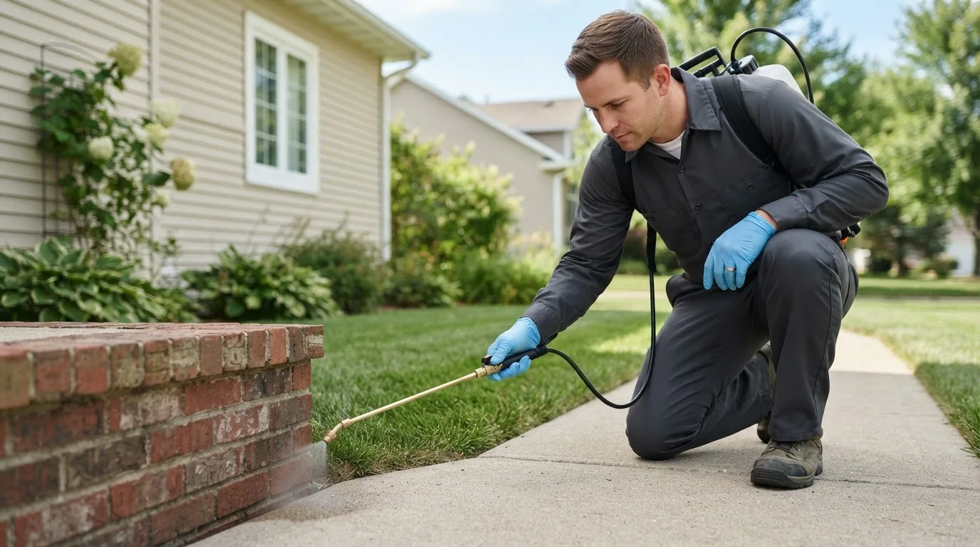 Pest control technician treating a home near Hazard, NE