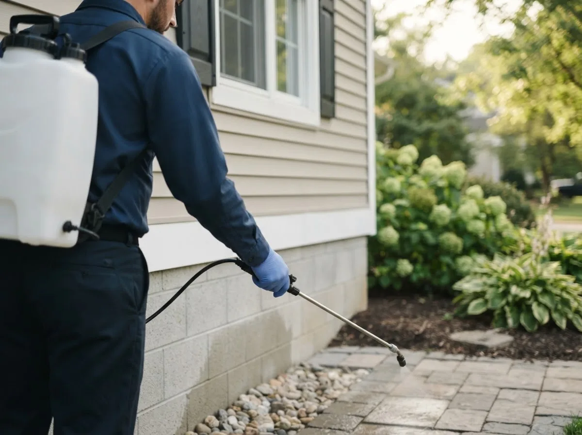 Pest control technician inspecting a home in Hazard, NE